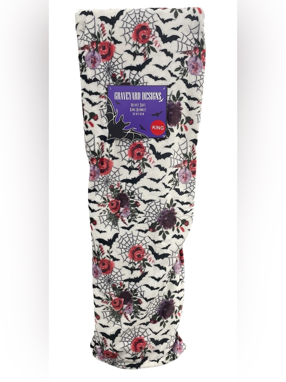 Halloween King Blanket White Black Red Purple Bats Roses Spider Webs Floral NWT
